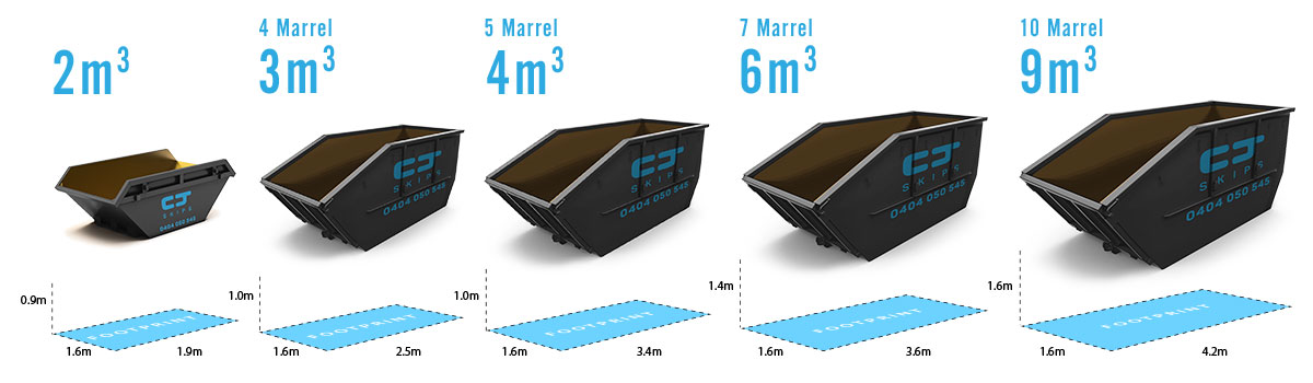 Marrel skip bin sizes showing bins and footprint from 2 cubic metre to 9 cubic metre in volume and Marrel